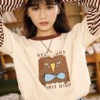 Long-sleeve Bird Print Mock Two-piece T-shirt