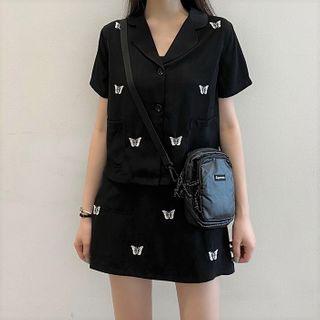 Butterfly Embroidered Short-sleeve Blouse / Mini A-line Skirt