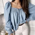 Smocked-trim Denim Blouse Light Blue - One Size