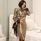 Set: Printed Lantern-sleeve Blouse + Button Pencil Skirt