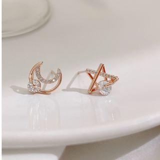 Non-matching Rhinestone Star & Moon Stud Earrings Rose Gold - One Size