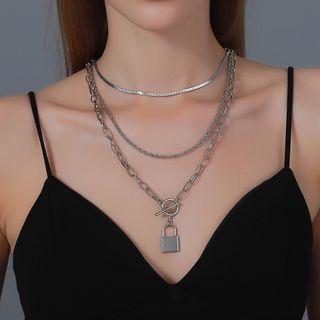 Alloy Lock Pendant Layered Necklace 6840 - 01 - Silver - One Size