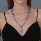 Alloy Lock Pendant Layered Necklace 6840 - 01 - Silver - One Size