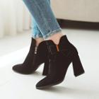 Faux Suede Bow Accent Block Heel Lined Ankle Boots