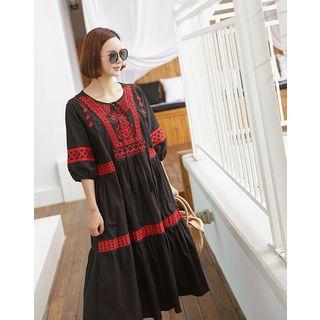 Embroidered Puff-sleeve Long Tiered Dress