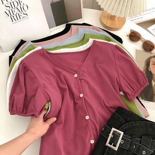 Puff-sleeve Button-up T-shirt