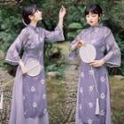3/4-sleeve Floral Embroidered Midi Qipao Dress