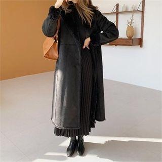 Notched-lapel Faux-shearling Long Coat
