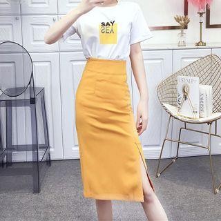 Set: Lettering Short-sleeve T-shirt + Midi Pencil Skirt