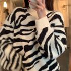 Mock-neck Zebra Print Loose-fit Sweater Black & White - One Size