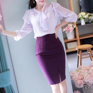 Tie-neck Frill-trim Sheer Top