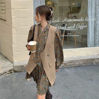 Flower Print Long-sleeve Mini Shift Dress / Button Vest