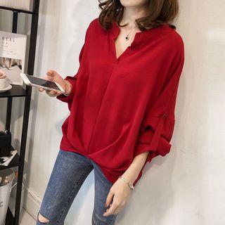 Long-sleeve Plain Loose-fit Blouse