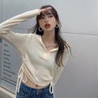 Long-sleeve Drawstring Cutout Hooded Knit Crop Top