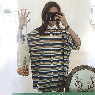 Striped Elbow-sleeve Oversized Shirt