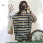 Striped Elbow-sleeve Oversized Shirt