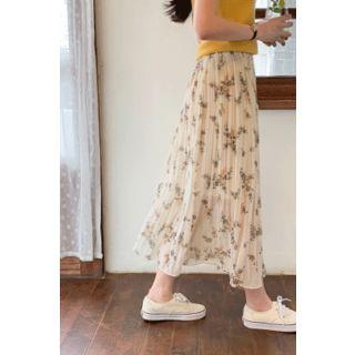 Floral Maxi Accordion-pleat Skirt Ivory - One Size