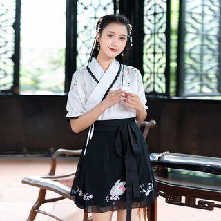Set: Embroidered Elbow-sleeve Blouse + A-line Skirt