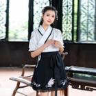 Set: Embroidered Elbow-sleeve Blouse + A-line Skirt
