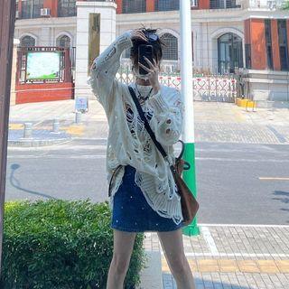 Long-sleeve Cut-out Distressed Sweater