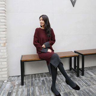 Set: Color-block Cable-knit Sweater + Slit-side Skirt