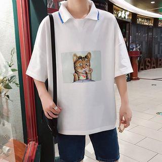 Polo Collar Short-sleeve Cat Print T-shirt