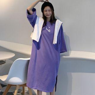 Elbow-sleeve Printed Side-open Long T-shirt