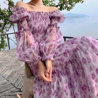 Square-neck Floral Maxi A-line Dress