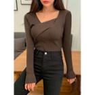 Asymmetric-neck Rib-knit Top