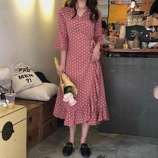 3/4-sleeve Dotted Midi A-line Dress