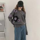 Flower Print Sweater Flower - Dark Gray - One Size