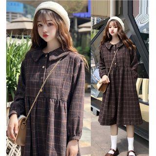 Windowpane Check Long-sleeve Collared A-line Dress Plaid - Coffee - One Size