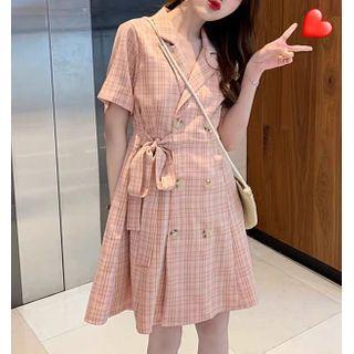 Short-sleeve Plaid Tie-waist Dress