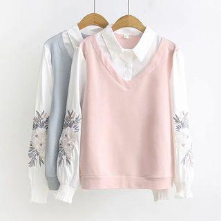 Flower Embroidered Mock Two Piece Shirt