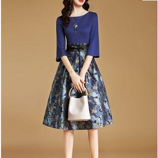 3/4-sleeve Jacquard Midi A-line Dress