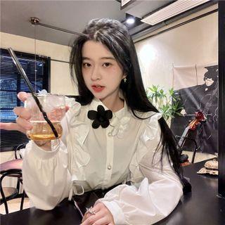 Flower Applique Frill Trim Blouse White - One Size