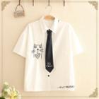 Short-sleeve Cat Embroidered Shirt With Tie