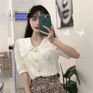 Collared Elbow-sleeve Lace Blouse