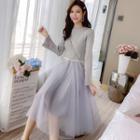 Bell-sleeve Faux Pearl Midi A-line Dress