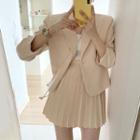 Plain Single-button Blazer / Pleated Mini A-line Skirt