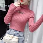 Long-sleeve Mock Neck Chain Accent Patch Ribbed Knit Top