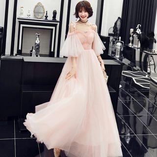 3/4-sleeve Cold-shoulder Mesh A-line Gown