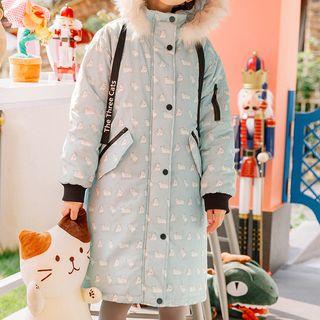 Faux-fur Hood Cat Print Drawstring Long Jacket