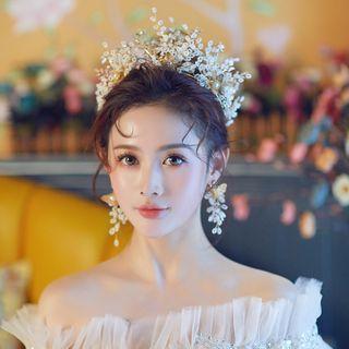 Set: Wedding Branches Tiara + Fringed Earring Set Of 3 - Tiara & 1 Pair - Clip On Earring - Gold - One Size