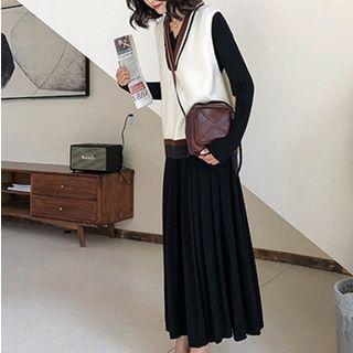 Set: Long-sleeve Midi A-line Dress + V-neck Contrast Trim Knit Vest