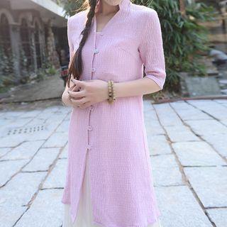 Elbow-sleeve V-neck Long Shirt