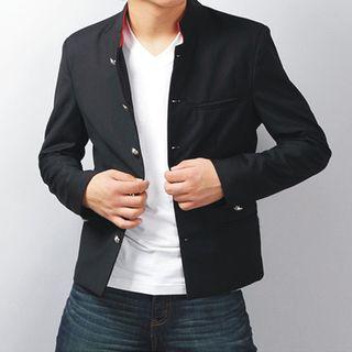 Set: Stand Collar Buttoned Jacket + Plain Dress Pants