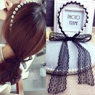 Lace Ribbon Faux Pearl Headband Black - One Size