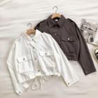 Plain Single-breasted Lace-up Long-sleeve Cargo Blouse