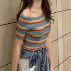 Short-sleeve Off-shoulder Striped T-shirt Stripes - Blue & Pink & Yellow - One Size